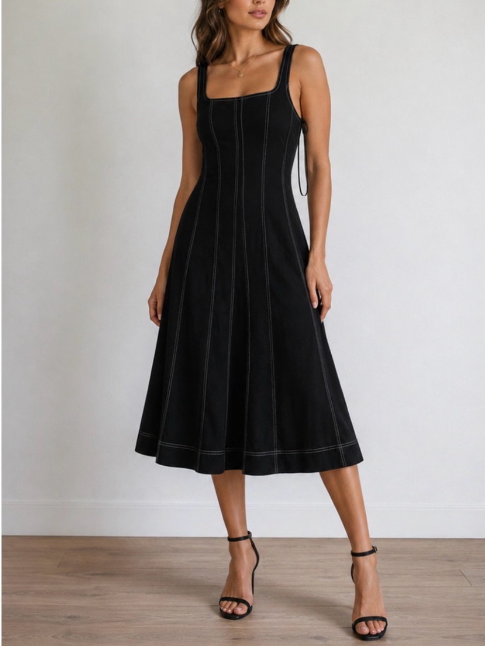 Christian Lacroix Black Square-Neck Midi Dress with Contrast Stitching